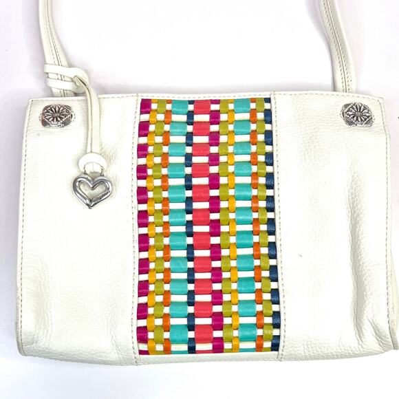 Brighton White Leather Shoulder Purse Bag Colorful Woven Front - Picture 3 of 16